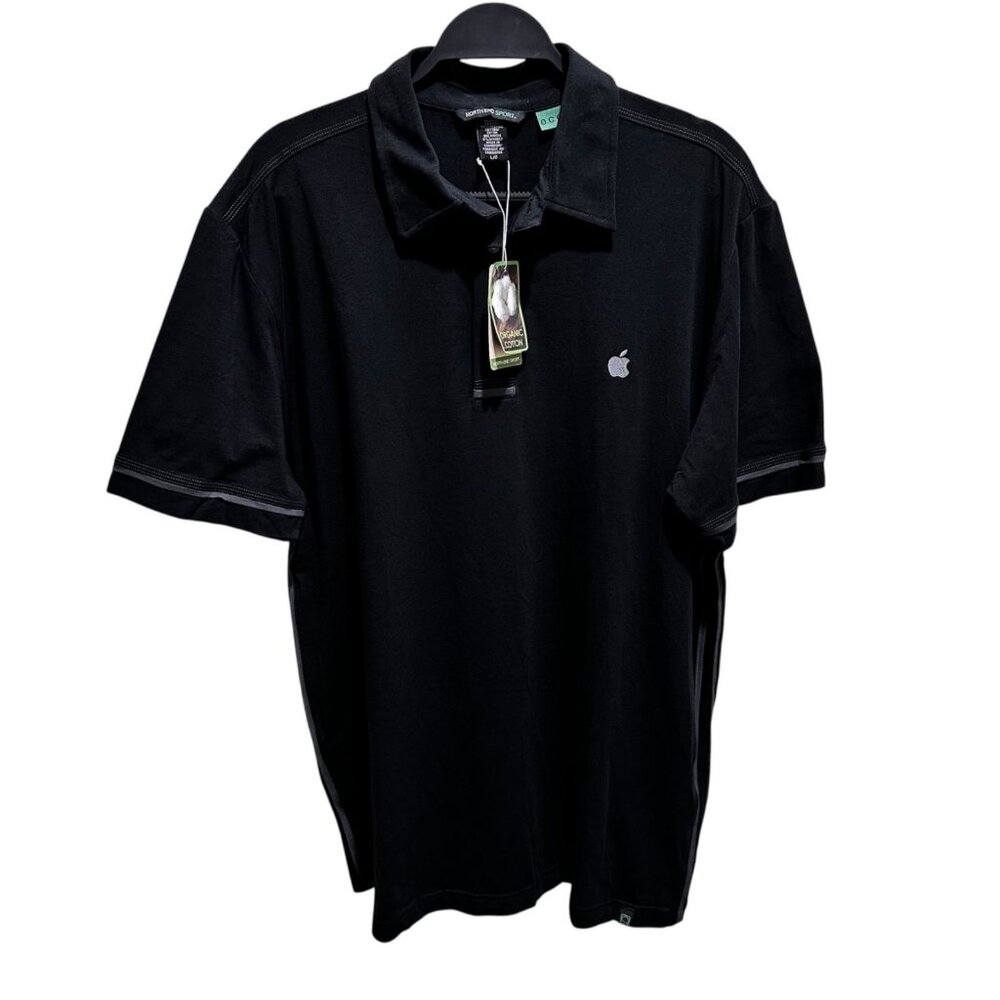 North End Sport Men Size L Black Embroidered Apple Logo Grey Trim Polo Shirt NWT